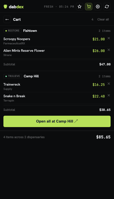 Shopping cart showing items from multiple dispensaries with an open all button