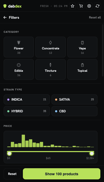 Dabdex filter panel showing category, strain type, and price range sliders