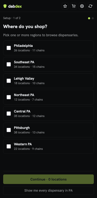 Dabdex first-run setup showing region selection for Pennsylvania dispensaries