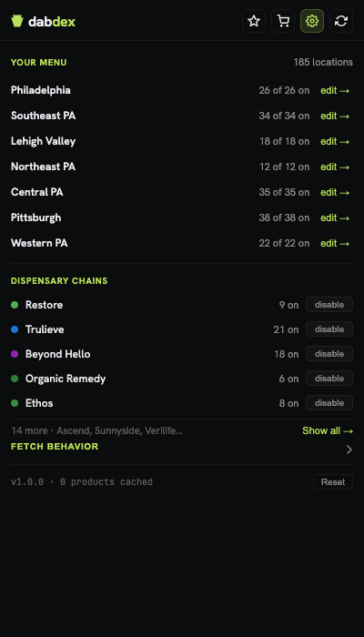 Dabdex settings showing PA regions and dispensary chains with toggles